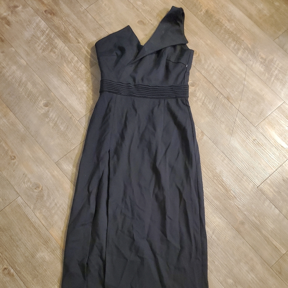 Black one sleeve dress, high slit midi